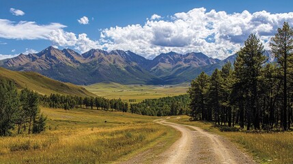 Naklejka premium A winding dirt road leads through a picturesque valley, offering stunning views of majestic mountains under a partly cloudy sky. 