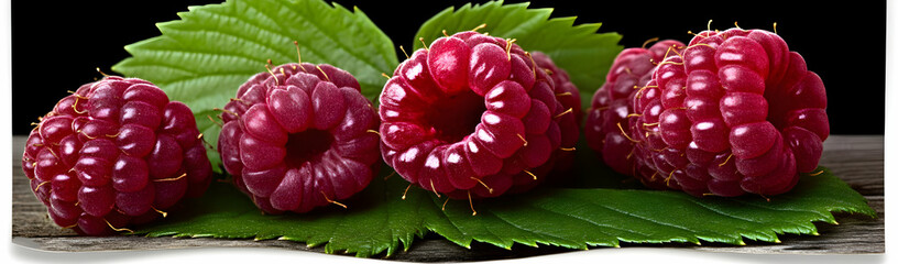 Fototapeta premium Ripe raspberries on leaf, wood background. Food image