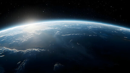 Fototapeta premium Earth View From Space Showing Blue Planet Surface with Atmospheric Glow and Bright Sunrise in Dark Sky