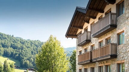 Mountainside stone hotel balconies, sunny day