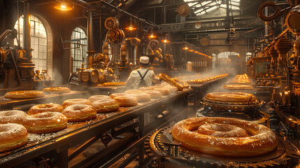 Baker in a vintage factory producing glazed pastries, with steam rising and machinery in the background