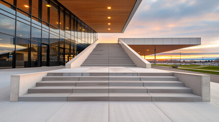 Fototapeta premium Ascending Towards the Sunset Architectural Majesty of a Modern Building's Grand Staircase at