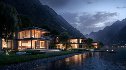 Fototapeta premium Modern Lakeside Residences At Twilight Illuminated Reflections On Calm Water Surface And Mountains Background