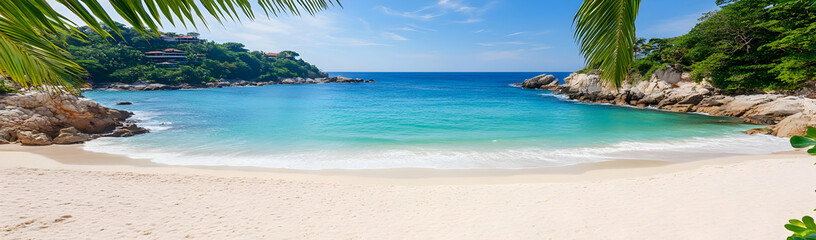 Obraz premium Tropical beach cove, turquoise water, palm trees