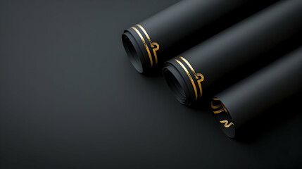 Three Black Rolled Papers With Gold Swirls On A Dark Background Modern Design Graphic Element