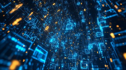 Abstract Digital Cityscape: A Futuristic Network of Glowing Blue and Orange Data Blocks
