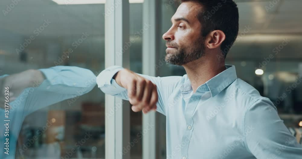 Poster thinking, time and window with business man in office for reflection, economist and appointment. wor
