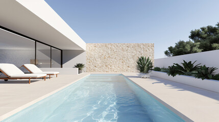 Fototapeta premium Sun Kissed Serenity A Modern Architectural Oasis with a Tranquil Infinity Pool and Pristine