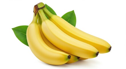 Ripe Bananas with Leaves on White Background