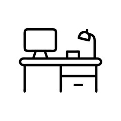 Fototapeta premium an office desk with a computer, lamp and supplies, vector icon illustration