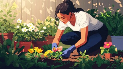 Fototapeta premium Gardening Joy: A Woman Tending to Vibrant Flowers in a Serene Garden Setting