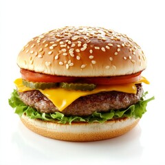 Classic cheeseburger with lettuce, tomato, pickles, and sesame bun