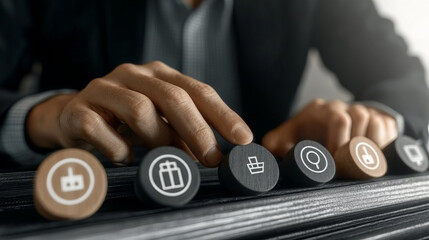 Hands selecting icons representing various business functions in an office environment