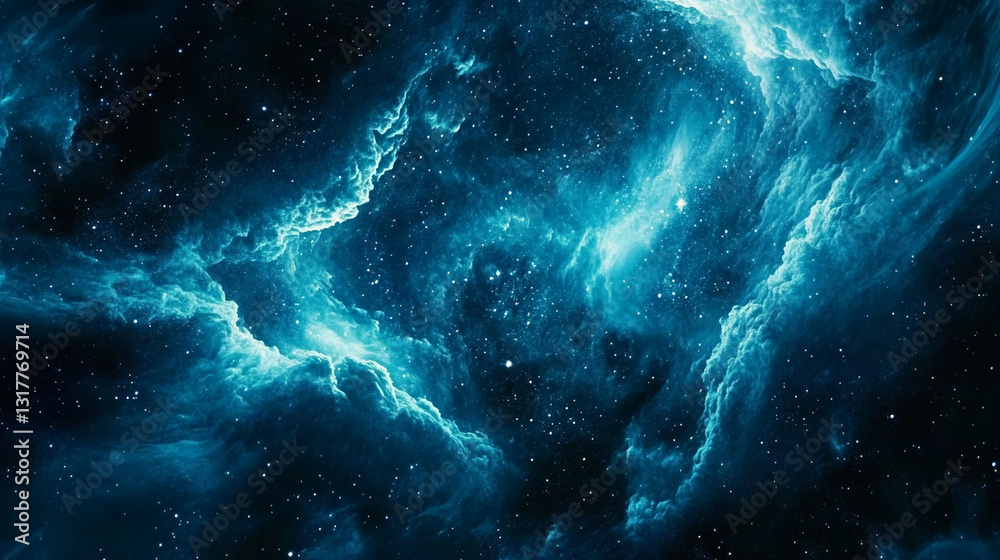 Poster deep blue nebula texture with scattered stars, creating a cosmic and mysterious atmosphere, represen