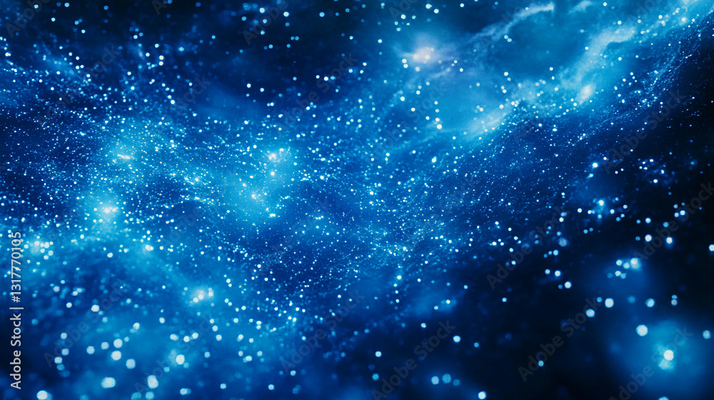 Poster Abstract blue background with sparkling particles, resembling a galaxy or cosmic nebula, creating a dreamy and magical atmosphere, ideal for design projects