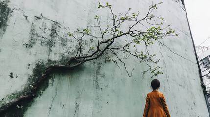 Person in orange coat stands before a weathered wall with a branch growing from it on a cloudy day in an urban setting