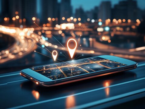 Smartphone displaying digital map with location markers at night in an urban setting