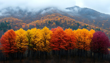 Vibrant Autumnal Canopy, A Symphony of Colors Against a Misty Mountain Backdrop