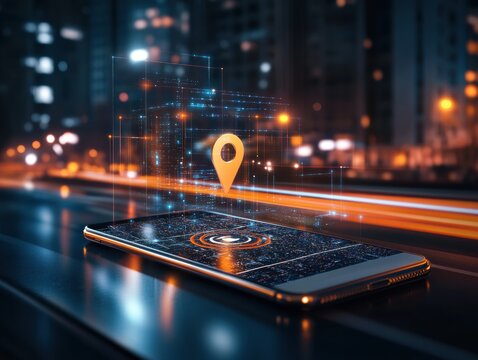 Smartphone with location pin in a digital cityscape at night