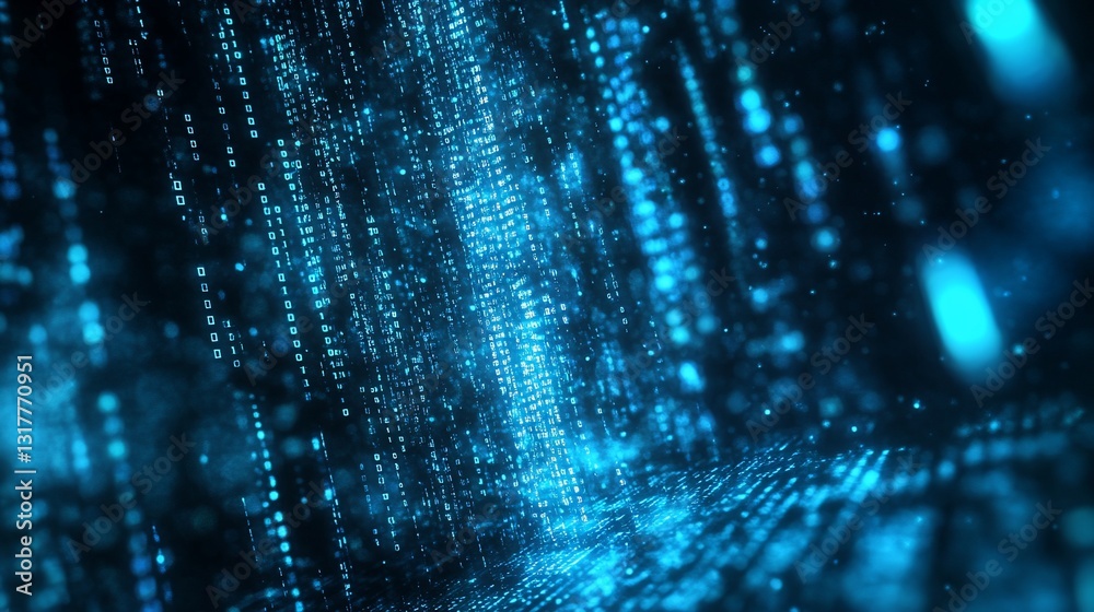 Poster abstract digital data stream visualization blue binary code falling particles background