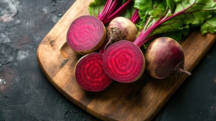 Sliced beets on wooden board