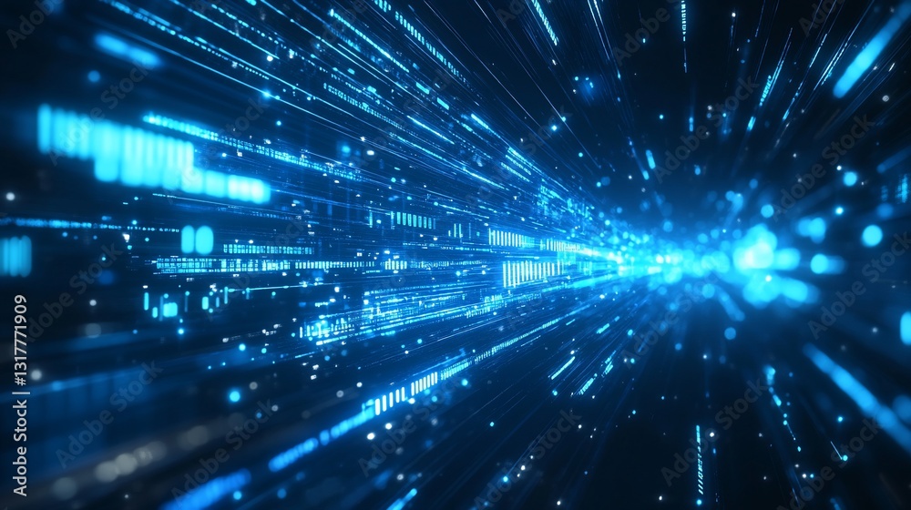Poster abstract digital data stream: futuristic blue light tunnel of binary code and technology