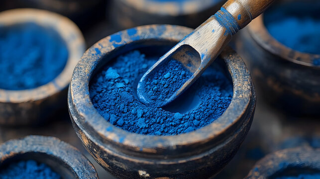 Artisan Indigo Pigment in Rustic Bowls with Small Wooden Scoop Display