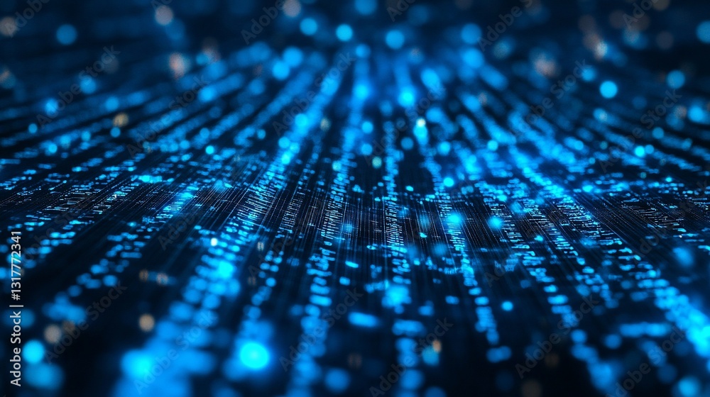Poster abstract digital data stream flowing through cyberspace illuminating the network's depth and complex