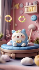 Obraz premium Cute animated creature sitting on a blue cushion smiling happily