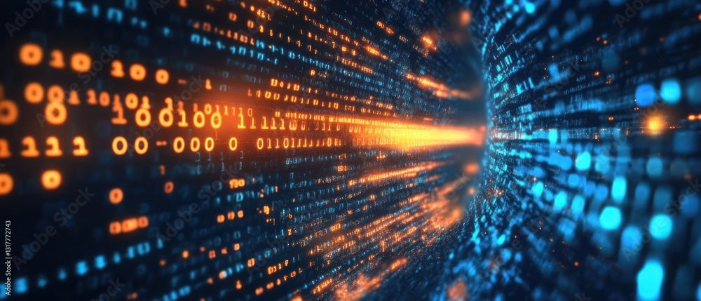 Poster abstract digital data flow with glowing particles and binary