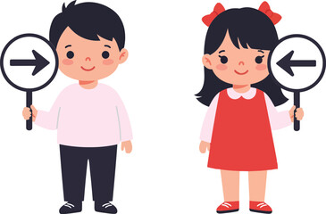 Fototapeta premium Two cheerful children holding directional signs in a playful, colorful flat design vector illustration showcasing joy and guidance in a friendly atmosphere