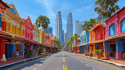 Obraz premium Vibrant streetscape in Kuala Lumpur, Malaysia with Petronas Towers backdrop