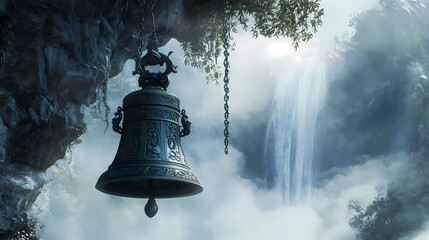 Fototapeta premium An ornate bell hangs in the misty air, a waterfall shimmering in the background. Shimmering Echoes. Illustration