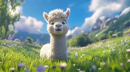 Fototapeta premium Llama's Gentle Stare: A charming llama stands in a vibrant green meadow, surrounded by wildflowers and a backdrop of majestic mountains under a clear, bright sky.