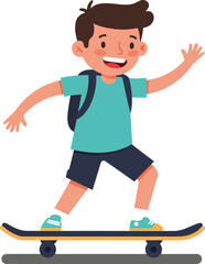 Fototapeta premium Cheerful young boy skating on a skateboard with a backpack in a flat, colorful design vector illustration