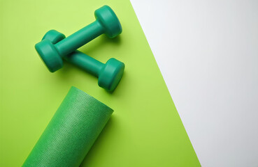 Top view of sport accessories green dumbbells and yoga mat on bicolor green and white background with copyspace. Fitness concept for gym workout, sport training and healthy lifestyle.