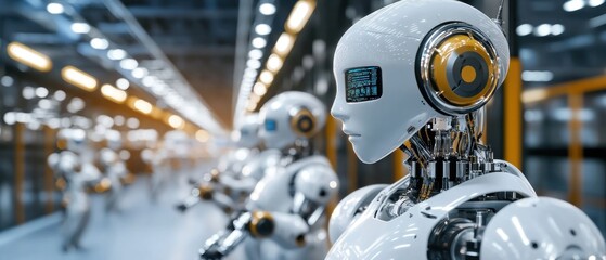 Fototapeta premium Futuristic robots standing in a high-tech warehouse setting
