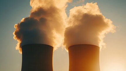 Twin cooling towers emitting steam against a sunset backdrop, highlighting industrial energy production