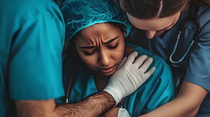 Tearful Embrace: Medical professionals huddle in an emotional embrace, reflecting the strains of the medical field, and revealing compassion and shared grief.