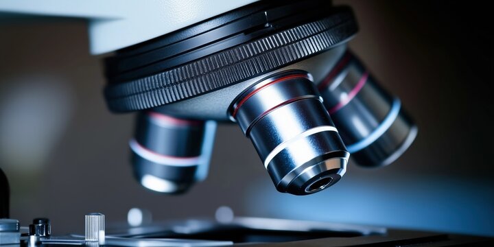 Advanced microscope in action with blue lighting for scientific research and medical analysis