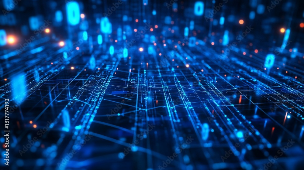 Poster abstract digital data flow network: glowing blue circuitry and binary code