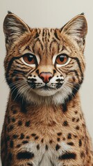 Fototapeta premium Close-up portrait of a bobcat, showcasing its striking brown and black spotted fur. The feline's intense gaze and soft fur create a captivating image.