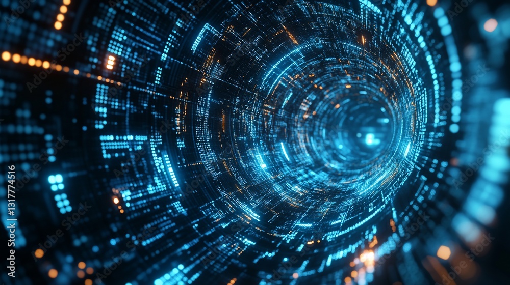 Poster abstract digital tunnel: cyberspace vortex of data streams and binary code