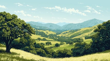 Naklejka premium Serene landscape painting of rolling green hills and lush trees under a bright summer sky. The vibrant colors and peaceful atmosphere create a sense of tranquility.
