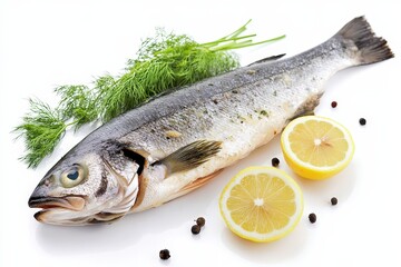 A cooked fish garnished with herbs lemon and pepper