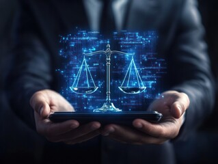 Businessman holding digital scales of justice on tablet