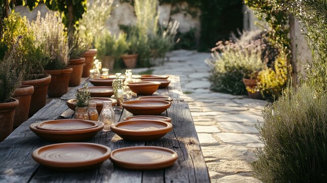 A rustic outdoor table setting with terracotta dishes and glass jars.