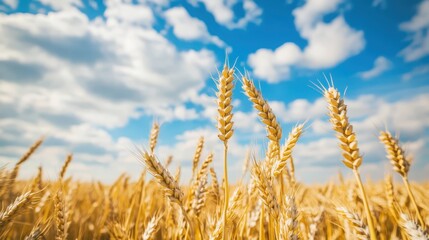 Fototapeta premium Golden wheat stalks sway gently under a blue sky filled with fluffy white clouds in a serene landscape