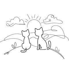 Obraz premium Two Cats Sitting on Hillside Watching Sunrise with Clouds in Continuous Line Drawing Style