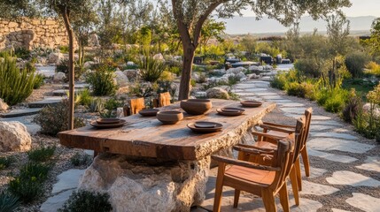 Fototapeta premium A rustic outdoor dining setup in a lush garden.